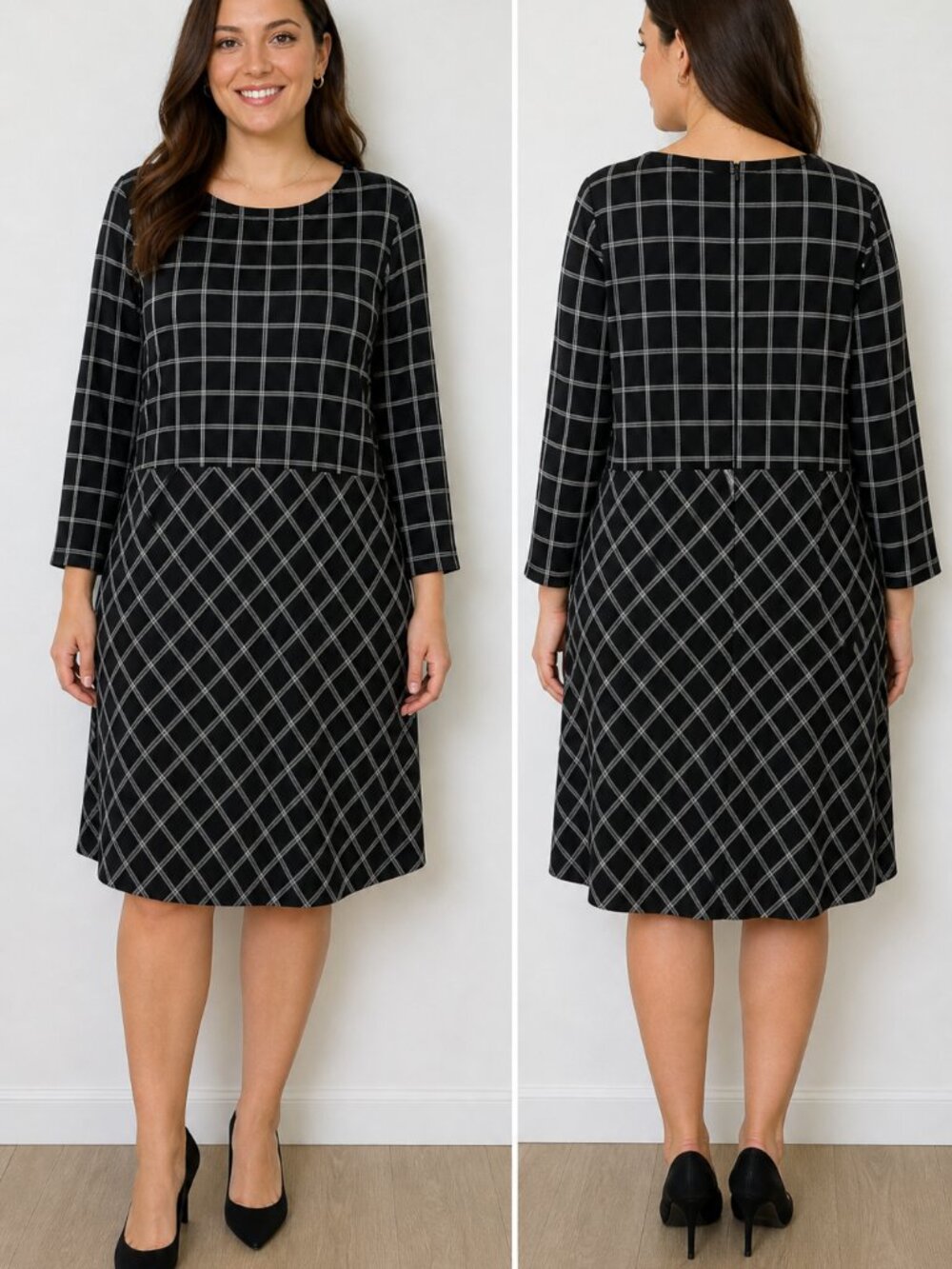 J.Jill Black White Grid Dress Wearever Collection Stretch Midi Size Large